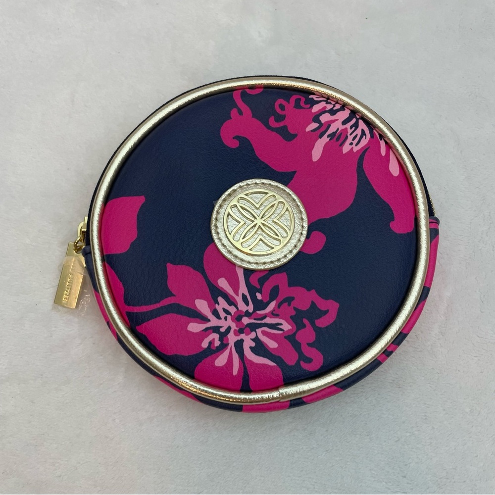 Lilly Pulitzer Floral Navy and Pink Round Cosmetic Pouch with Lighted Mirror